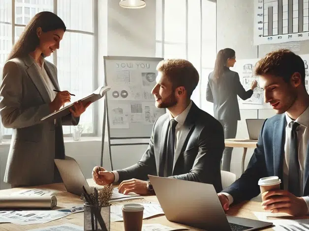 Profesionales de negocios en una oficina moderna, colaborando y trabajando juntos. Al fondo, pizarras blancas con gráficos y esquemas