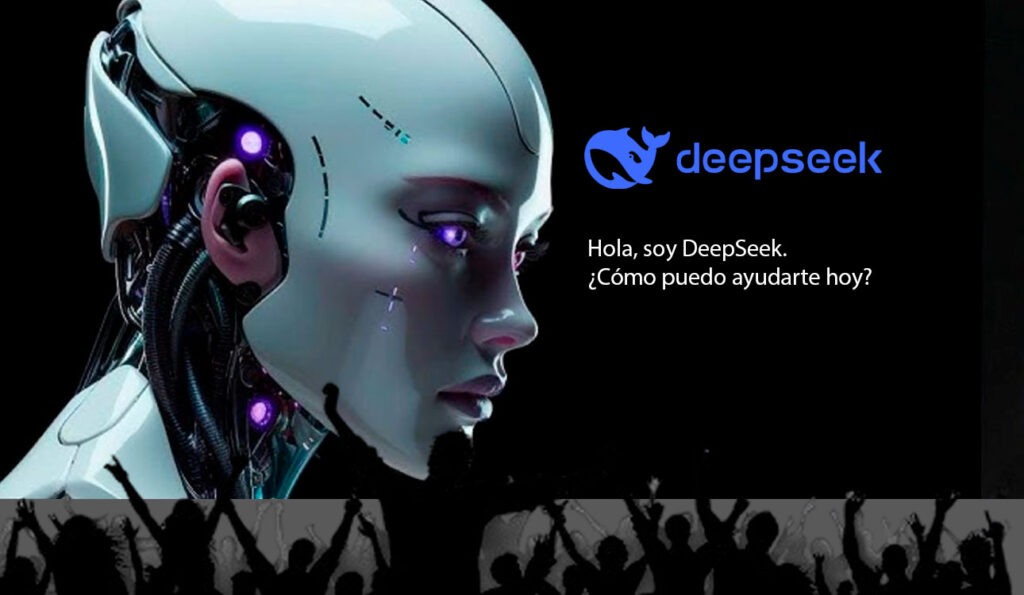 Primer plano de un androide futurista con elementos cibernéticos y el logo de DeepSeek AI, representando su impacto en la industria tecnológica y empresarial.
