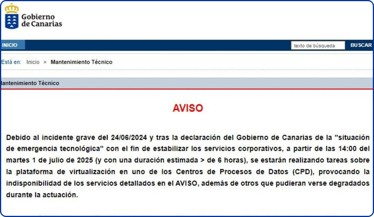 Aviso de la web del Gobierno de Canarias sobre la Emergencia Tecnológica